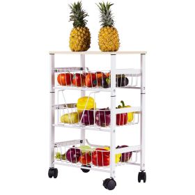 Kitchen Storage Rolling Cart;  Kitchen Cart with Lockable Wheels;  4 Tier Metal Wire Basket Shelf Rolling Storage Cart White